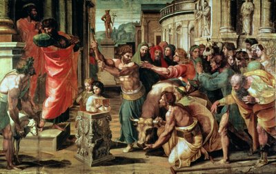 Het offer in Lystra (cartoon voor de Sixtijnse Kapel) (voor restauratie) door Raffaello Sanzio Raphael